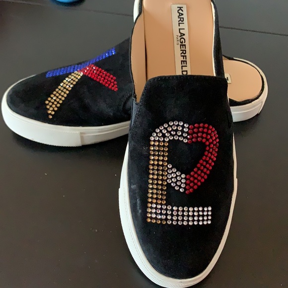 Karl Lagerfeld black suede embellished slip ons - Picture 3 of 11
